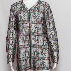Mesh and colorful embroidered long sleeve button up top. Celsa brand.